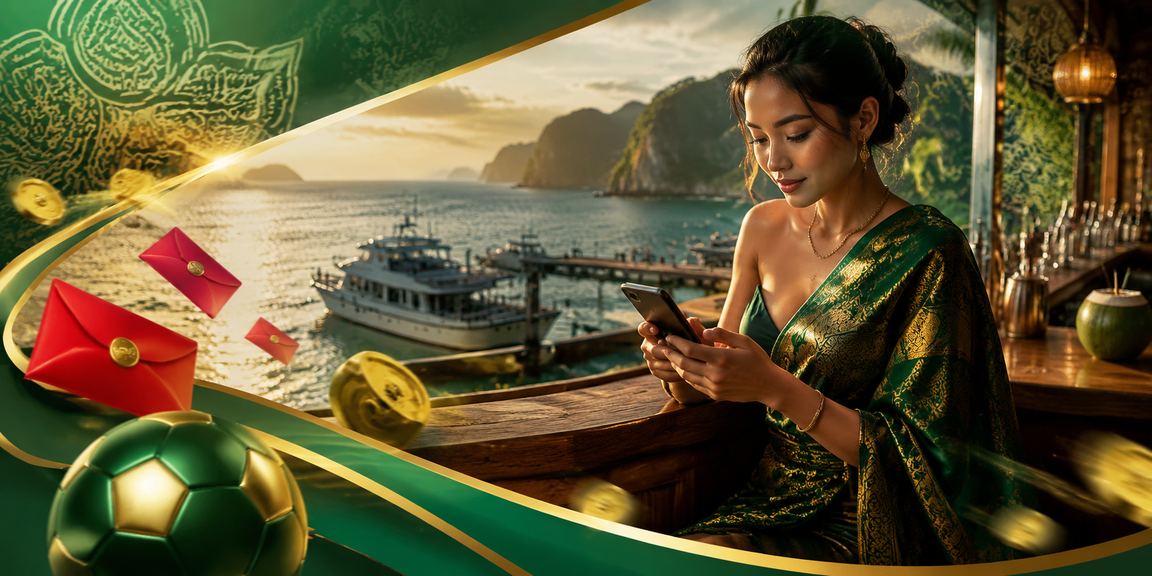 Model Vietnam memegang amplop merah hadiah jackpot yang mewakili semangat menang besar