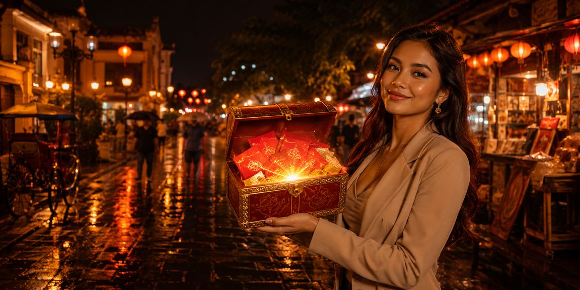 Amplop merah bonus di pasar malam Vietnam melambangkan hadiah dan promo game baru