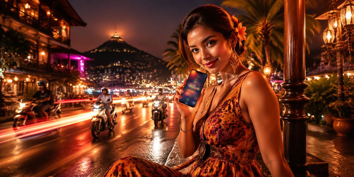 Pemain jackpot online di pasar malam Indonesia menggunakan ponsel dengan antusias