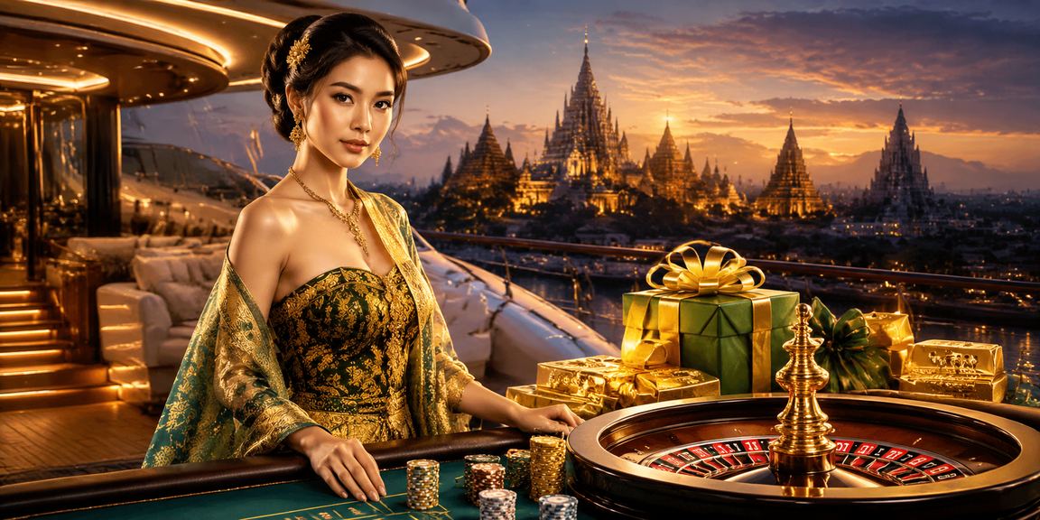 Model Vietnam berpose elegan di meja roulette kasino dengan suasana mewah dan pencahayaan dramatis
